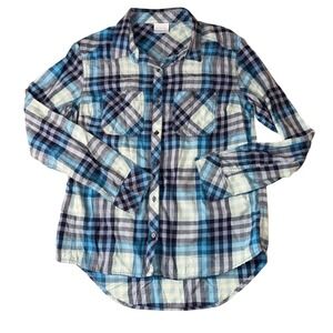 Columbia Button Down Shirt Small Blue Plaid Long Sleeve Curved Hem Pockets